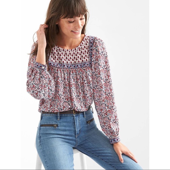 GAP Tops - GAP Paisley Shirred Yoke Long Sleeve Peasant Top